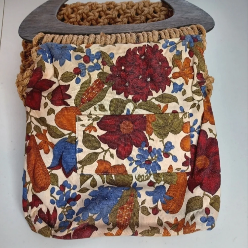 Vintage Boho Macrame Beaded Natural Wood Handbag